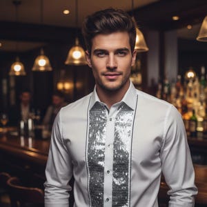 Men&#39;s Formal Shirt White Men Designer Great Quality Slim Fit Sequin Party Wedding Night Ceremony