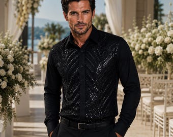 Men's Black Formal Shirt Men Designer Great Quality Regular Fit Sequin Party Wedding Night Ceremony