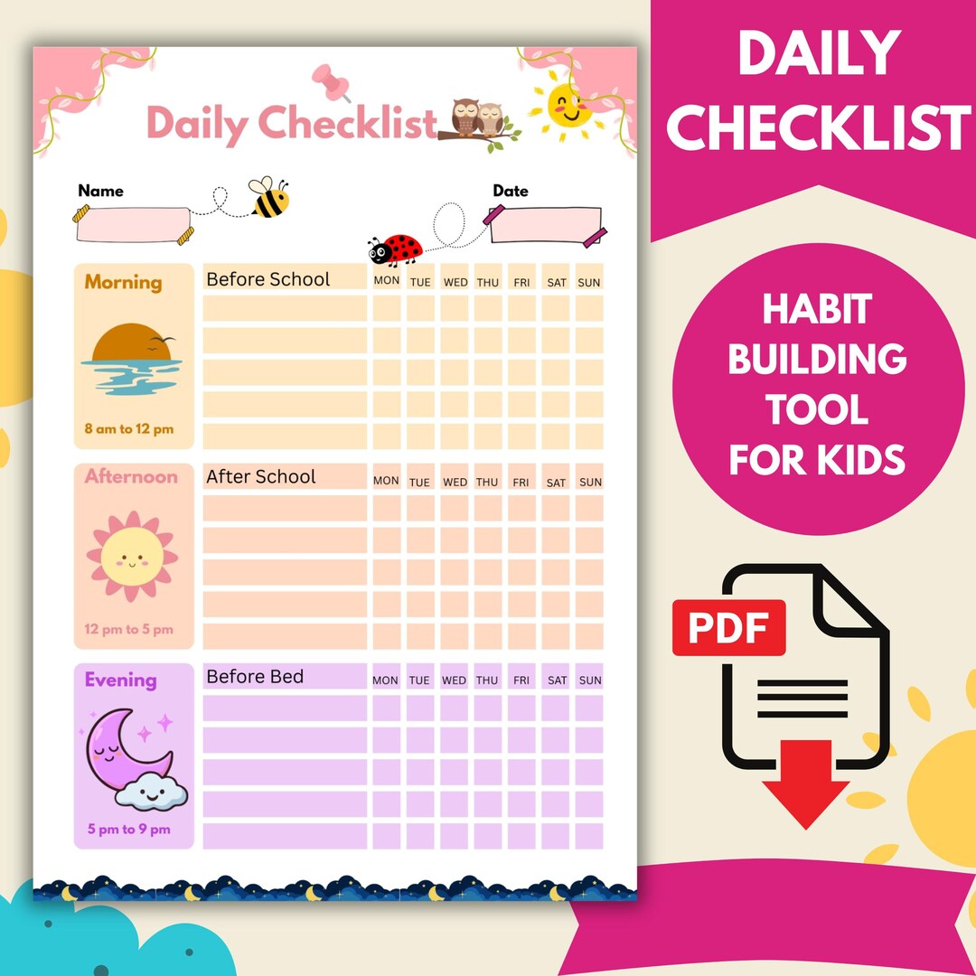Daily Checklist for Kids Printable | A4 & US Letter Size Morning ...