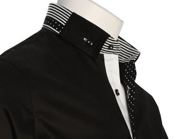 Camisa Social Masculina Italiana de Grife, Ótima Qualidade, Corte Regular, Preta, 10004