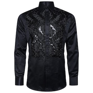 Men&#39;s Formal Shirt Men Designer Great Quality Regular Fit Sequin Party Wedding Night Ceremony Black