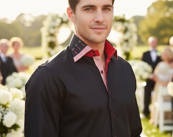 Camisa formal de hombre, estilo italiano, de diseñador, corte regular, manga larga, negra, 10007