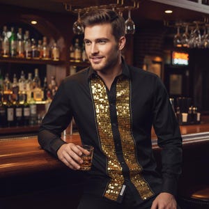 Men&#39;s Formal Shirt Black Men Designer Great Quality Slim Fit Sequin Party Wedding Night Ceremony
