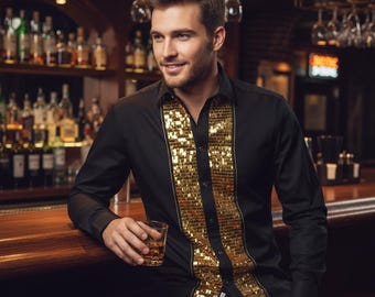 Men's Formal Shirt Black Men Designer Great Quality Slim Fit Sequin Party Wedding Night Ceremony
