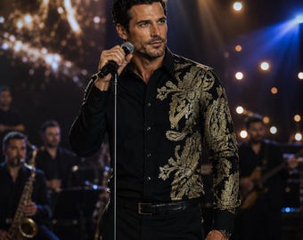 Men's Black Formal Shirt Men Designer Great Quality Regular Fit Sequin Party Wedding Night Ceremony
