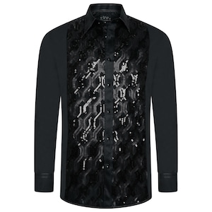 Men&#39;s Black Formal Shirt Men Designer Great Quality Regular Fit Sequin Party Wedding Night Ceremony