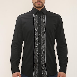 Men&#39;s Formal Shirt Men Designer Great Quality Regular Fit Sequin Party Black Wedding Night Ceremony