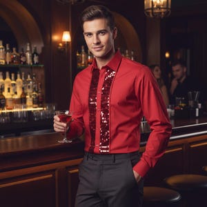 Men&#39;s Formal Shirt Men Designer Great Quality Regular Fit Sequin Party Wedding Night Ceremony Red