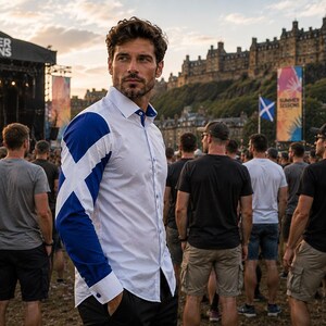 May include: A white shirt with a blue and white Scottish flag design on the left sleeve and shoulder. The man is standing in front of a crowd at an outdoor concert. The stage has "Summer Sessions" written on it. The background includes a castle.