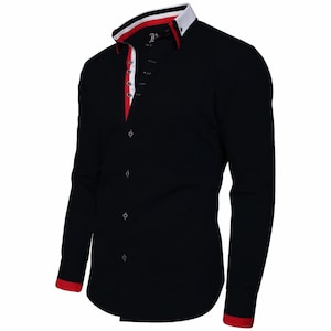 May include: Black long-sleeve shirt with a contrasting white collar and red trim on the cuffs and inner placket. The shirt features a button-down front and a tailored fit. The collar has a red stripe. The shirt is made of a smooth fabric.