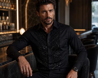 Men's Black Formal Shirt Men Designer Great Quality Regular Fit Sequin Party Wedding Night Ceremony