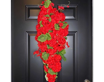 Red Geranium Floral Swag Wreath for Front Door-Spring or Summer Swag-Door Swags-Teardrop Swag-Vertical Swag-Swag Wall Decor