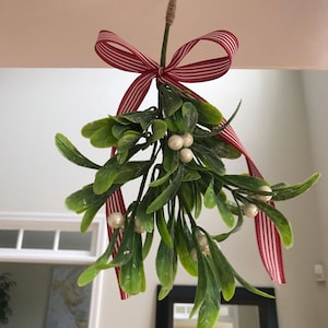 May include: A hanging mistletoe decoration with green leaves and white berries. A red and white striped ribbon is tied in a bow at the top, and the mistletoe is suspended by a twine loop. The decoration is hanging indoors.