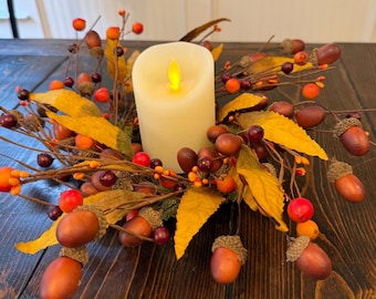 Fall Harvest Candle Ring Wreath with Acorns and Berries for Thanksgiving Centerpiece Decor