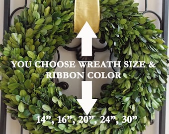 Boxwood Wreath, Preserved Boxwood Wreath with Bow, Spring Wreath, Greenery Wreath, Choose Ribbon Bow Color/Size 14&quot;16&quot;18&quot; 20&quot; 24&quot; 30&quot;