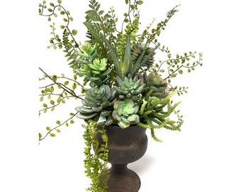 Faux Succulent Arrangement in Rustic Metal Pedestal Urn, Centerpiece, Tabletop Decor, Succulent Planter, Succulent Gift