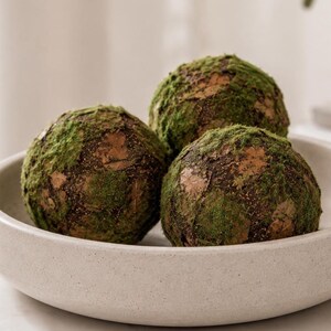 May include: Three spherical decorative balls covered in green moss and brown textured material, arranged inside a shallow, round, off-white ceramic bowl with a speckled finish. The mossy spheres have a natural, uneven surface texture.