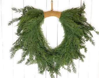 Real Touch Cedar Wreath with Jute Wrapping Hanger, Christmas Wreath, Winter Wreath