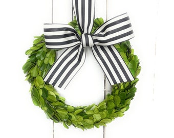 Small Mini Preserved Boxwood Christmas Wreath w/ Black White Stripe Ribbon-Year Round Wreath-Cabinet Wreath-Farmhouse Wreath-CHOOSE SIZE