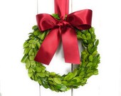 Christmas Wreath-Small Preserved Boxwood Wreath with Brick Red Ribbon-Farmhouse Wreath-Year Round Wreath-Chair Back Wreath-CHOOSE SIZE