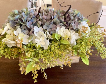 Mixed Blue Hydrangea Centerpiece for Table, Farmhouse Floral Arrangement, Summer Table Decor, Everyday Centerpiece, Gift for Mom