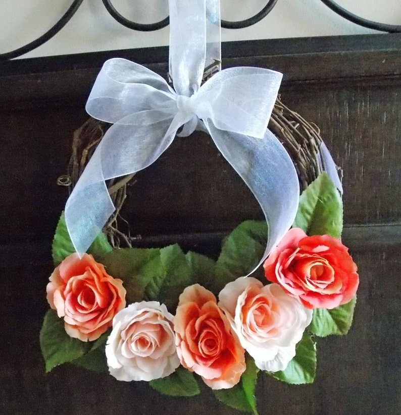 Small Rose Wreath in PeachCoral for Spring or Summer-MIni Wreath Decor-Decorative Wreath-Accent Wreath-Window Wreath-Rustic Wreath