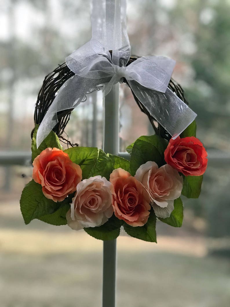 Small Rose Wreath in PeachCoral for Spring or Summer-MIni Wreath Decor-Decorative Wreath-Accent Wreath-Window Wreath-Rustic Wreath