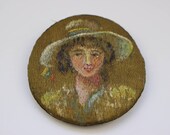 Antique Fabric Painted Postage Stamp holder, Rare Unusual Little Treasure, Collectible Ladies Desk Accessory