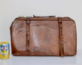 Antique Large Gladstone Style Belted Travel Bag, Leather Sectioned Suitcase,