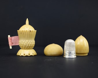 Vegetable Ivory Tape Holder and Acorn Etui with  Henry Perkins, Chester Silver Thimble  1894