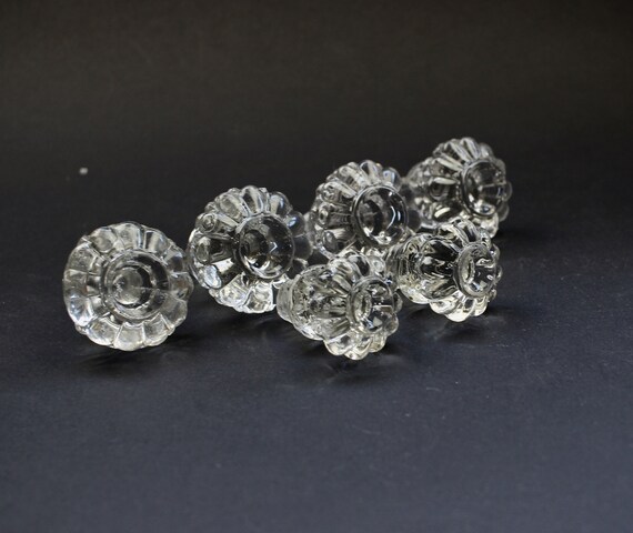 Six Antique Glass Drawer Knobs Vintage Pressed Glass Screw Etsy