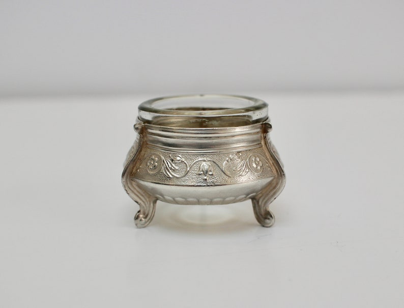 Fabulous Condition Silver Coloured Salt Cellar 1960/'s Stamped I Ommet Vintage Russian White Metal Salt with Original Glass Liner