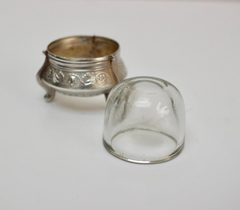 Fabulous Condition Silver Coloured Salt Cellar 1960/'s Stamped I Ommet Vintage Russian White Metal Salt with Original Glass Liner