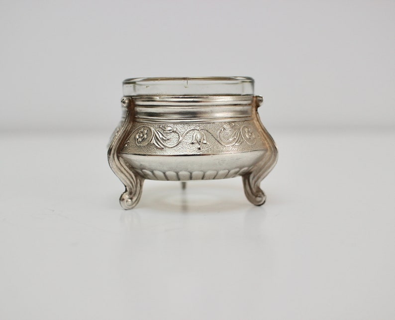 Fabulous Condition Silver Coloured Salt Cellar 1960/'s Stamped I Ommet Vintage Russian White Metal Salt with Original Glass Liner