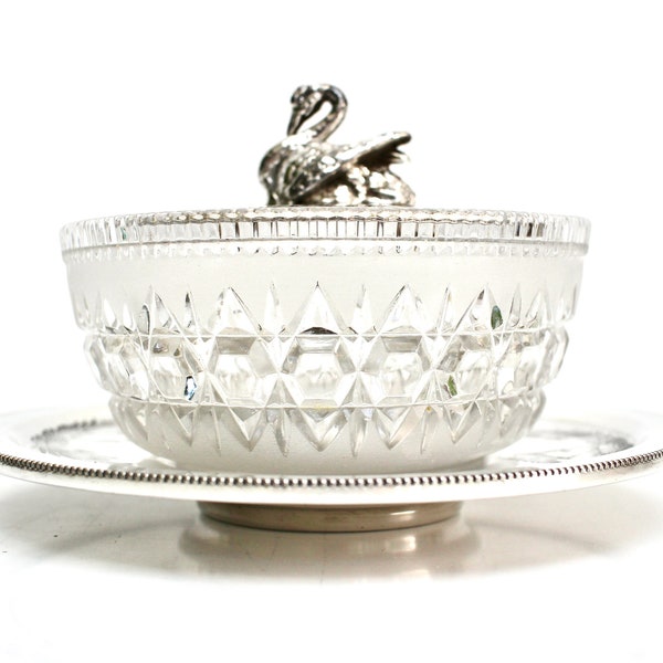 Swan Top Butter Dish, Cut Glass Bowl on Silver Plated Stand & Swan Lid