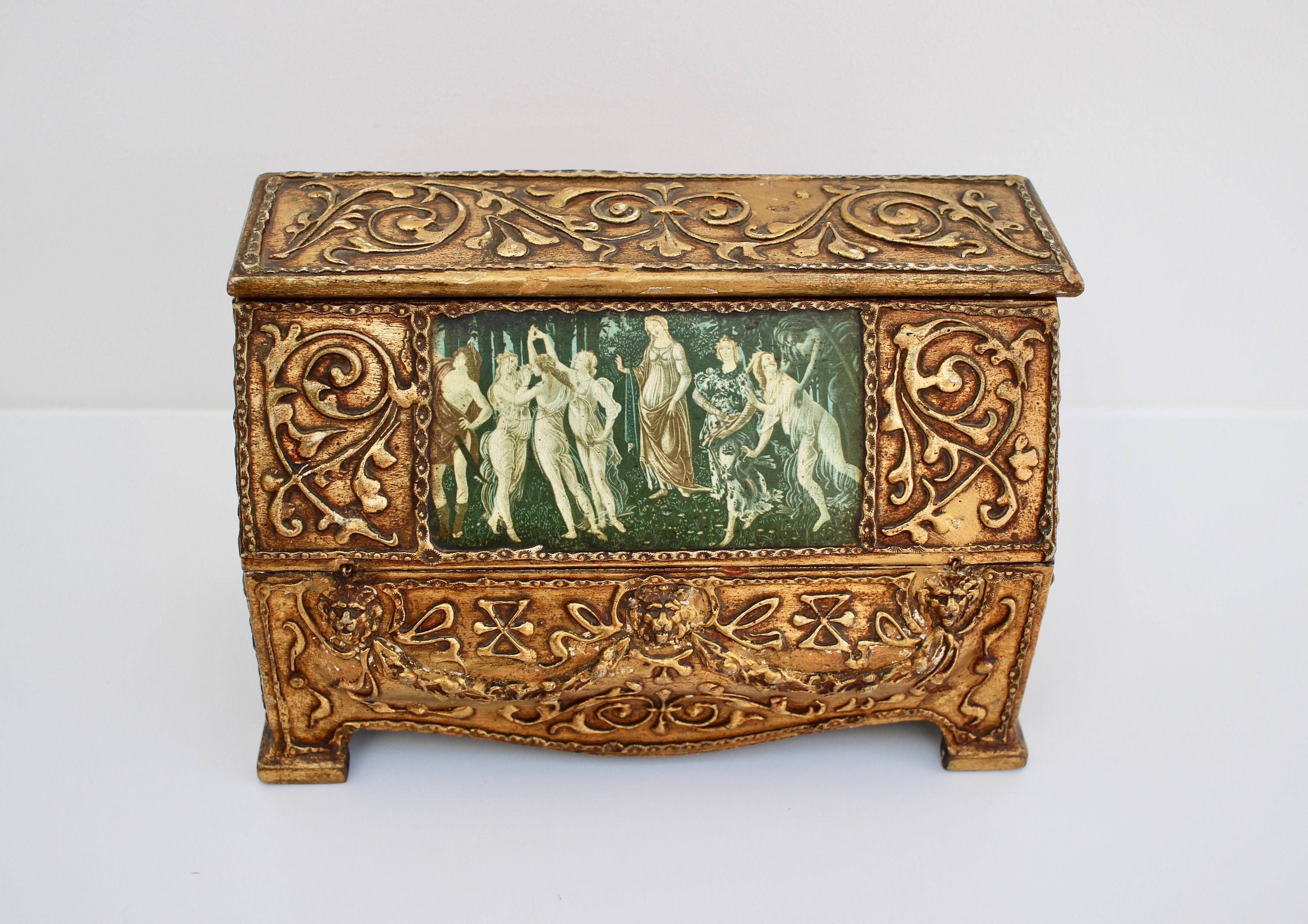 Ornate Antique Stationary Box Italian Renaissance Style Desk Top Correspondence Bureau Featuring Image Of Botticelli S Primavera
