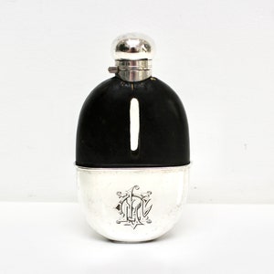 Antique Leather Bound Hip Flask, Silver Plate, Gilded Drinking Cup Base,