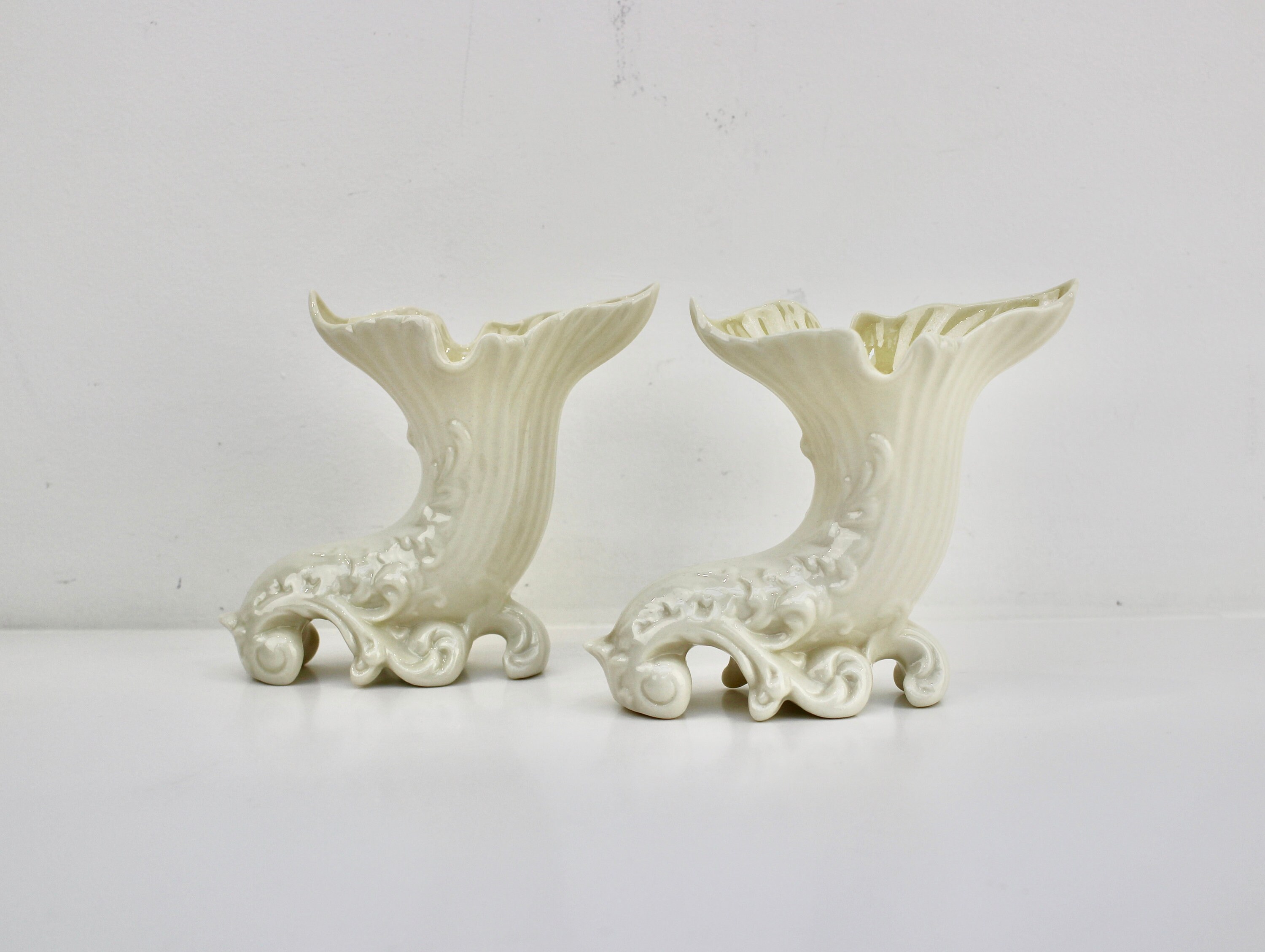 Belleek Vases Pair of Irish Cream Ware Cornucopia Vases Etsy