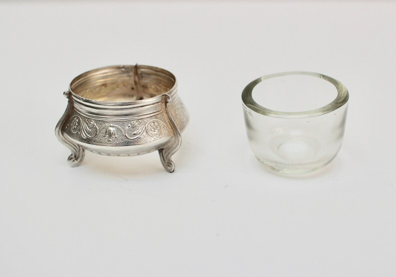 Fabulous Condition Silver Coloured Salt Cellar 1960/'s Stamped I Ommet Vintage Russian White Metal Salt with Original Glass Liner