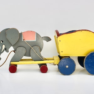 Triang Teachem Vintage Nachzieh-Elefant mit Wagen, 1930er Jahre Vorschul-Spielzeug