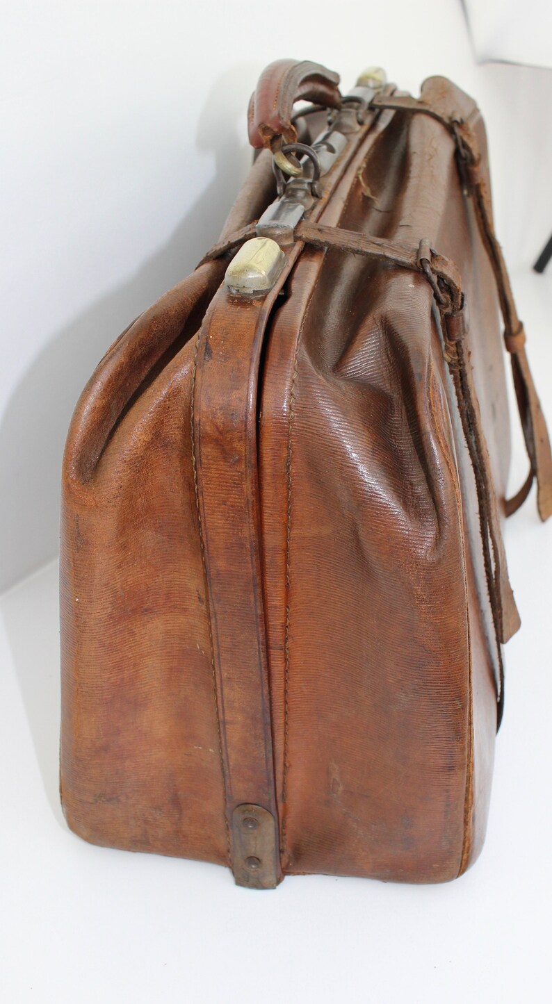 Antique Large Gladstone Bag Style Belted Travel Bag Leather Etsy