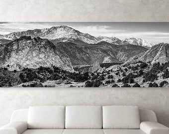 Garden Of The Gods, Pikes Peak Panorama, Monochrome Wall Decor, Black and White, Colorado Springs, Mountain Landscape, Panoramic Print