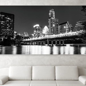 Austin Skyline Panorama, Texas Print, Panoramic Art, Congress Avenue Bridge, Black and White, Monochrome Decor, Lady Bird Lake