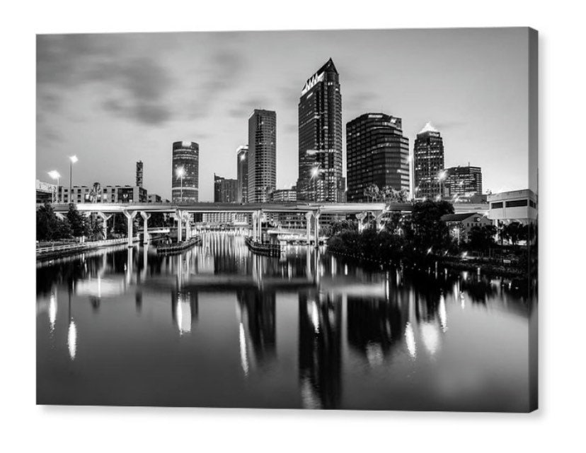 Downtown Tampa Skyline At Dusk Black & White Wall Art. Tampa Black And