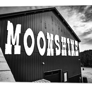 Southern Moonshine, Black and White, Distillery, Alcohol Cellar, Bootlegger Prints, Monochrome, Vintage, Wet Bar, Man Cave Decor, Whiskey