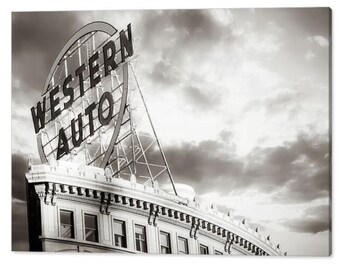 Kansas City Western Auto Sign Print: Vintage Sepia Monochrome Art