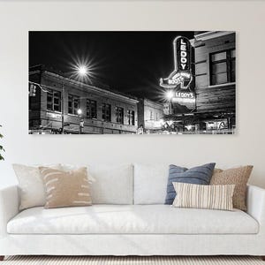 Leddy Boots Neon Sign Print: Fort Worth Stockyards Black and White Panorama