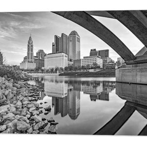 Columbus Ohio Skyline Print: Scioto River Reflections, Black and White
