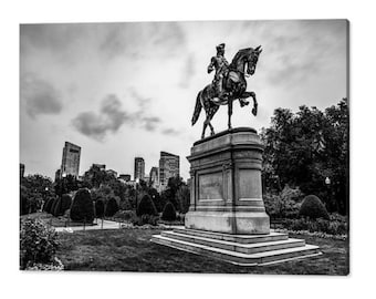 Boston Skyline Print: George Washington Statue, Black and White Cityscape