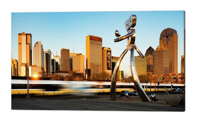 Walking Tall Panoramic Art Deep Ellum Texas Colorful Cityscape Art Dallas Texas Skyline Traveling Man Panorama Wall Decor Rail Line